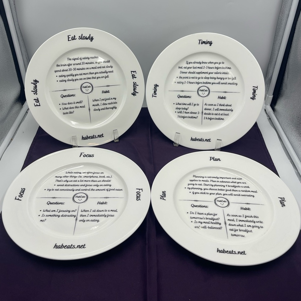 HabEats: Vintage 4pc Motivational Portion Control White Fine Bone China Plates
